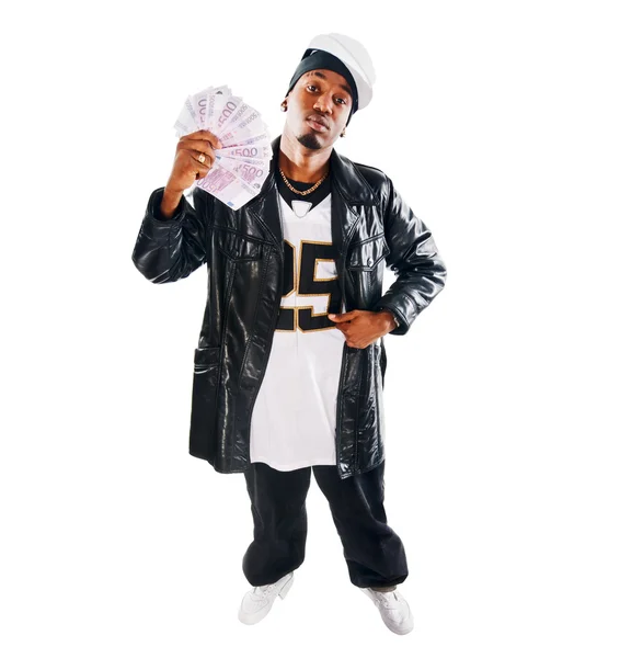 Schöner Hip-Hop junger Mann mit Bargeld auf weiß — Stockfoto