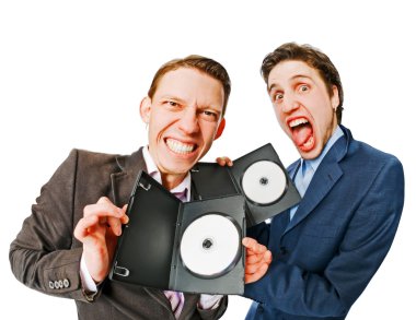 Two businessmen holding DVDs clipart