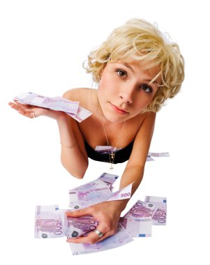 Blond girl with lots of cash on the floor clipart