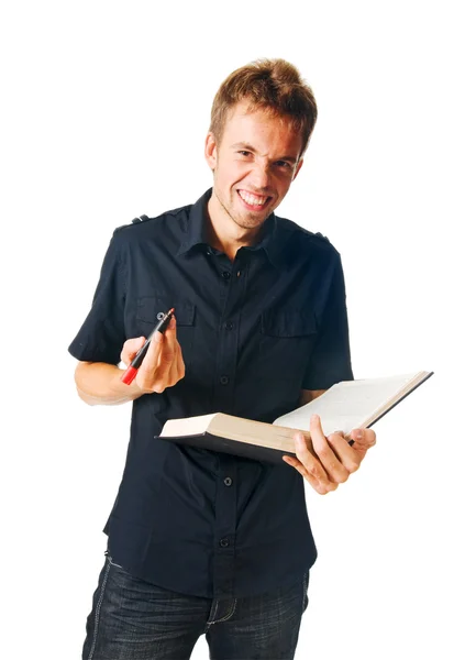 Junger Mann mit Buch auf weiß — Stockfoto
