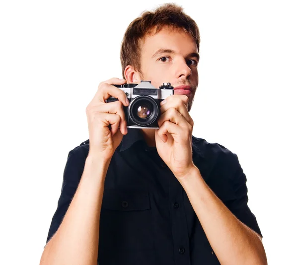 Νεαρός άνδρας με φωτογραφική μηχανή — Φωτογραφία Αρχείου