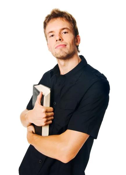Young man with book on white — Stock Photo, Image