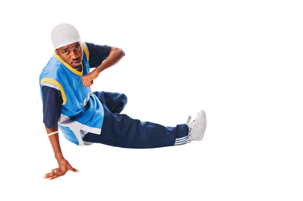 Hip-hop joven haciendo movimiento fresco en la espalda blanca —  Fotos de Stock