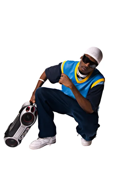 Hip-hop młody człowiek z boombox na biały backgrou — Zdjęcie stockowe
