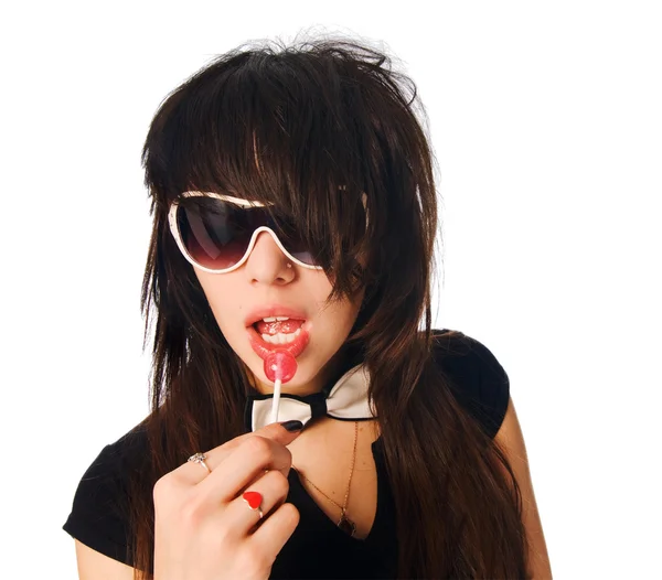 롤리팝으로 안경을 착용 하는 여자 — 스톡 사진