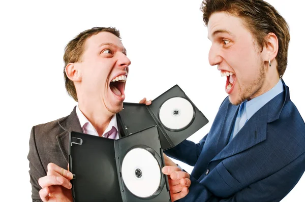 Twee vrolijke zakenlieden met blanco dvd 's — Stockfoto