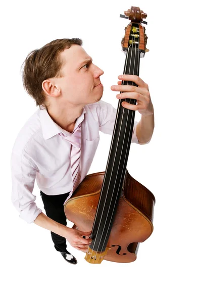 Bass viol player on white — Stock Photo, Image