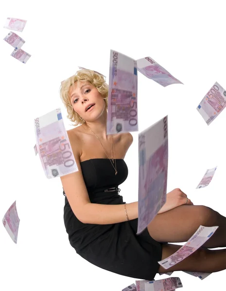 Blondes Mädchen mit einem Haufen Geld — Stockfoto