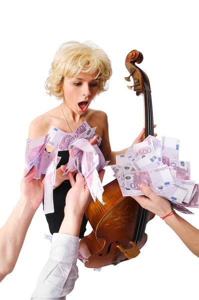 Girl with cello receiving lots of money — Stock Photo, Image