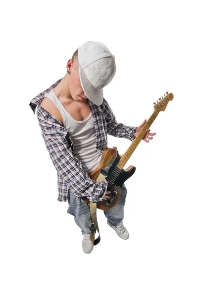 Cool mladý kytarista na bílém pozadí — Stock fotografie