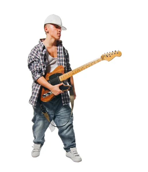 Cool músico con guitarra en blanco —  Fotos de Stock