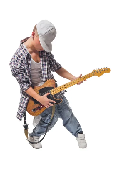 Cool ung gitarrist på vit bakgrund — Stockfoto