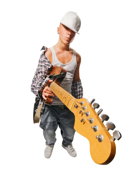 Músico legal com guitarra no branco — Fotografia de Stock