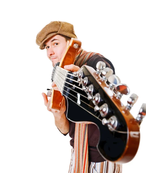 Cool musician with guitar on white — Stock Photo, Image