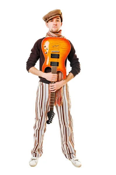 Super muzikant s kytarou na bílém pozadí — Stock fotografie