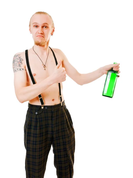 Yeşil şişe ile genç adam — Stok fotoğraf
