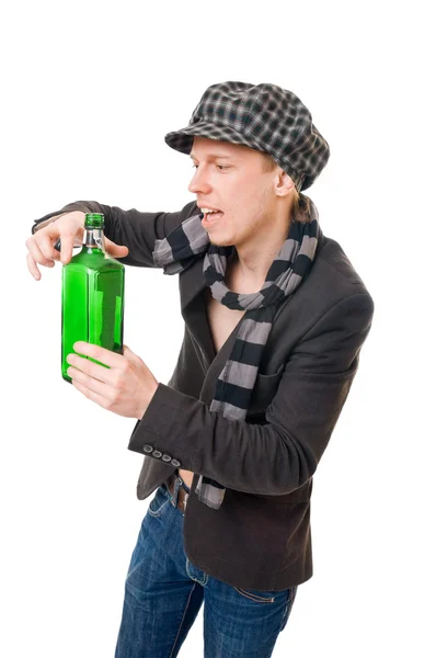 Joven fresco con una botella verde — Foto de Stock