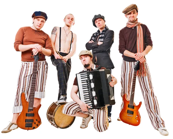Hudební skupina s jejich nástroji na bílém pozadí — Stock fotografie