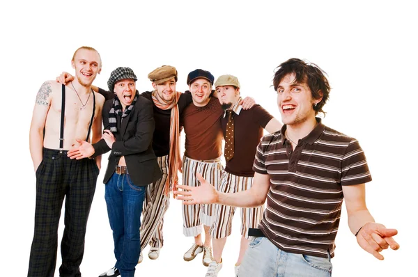 Skupina mužských přátel na bílém pozadí — Stock fotografie