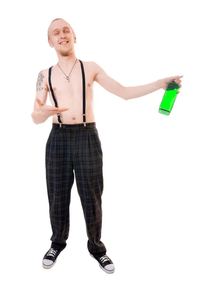 Yeşil şişe ile genç adam — Stok fotoğraf