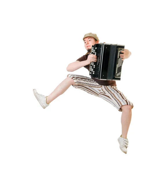 Músico legal pulando alto — Fotografia de Stock