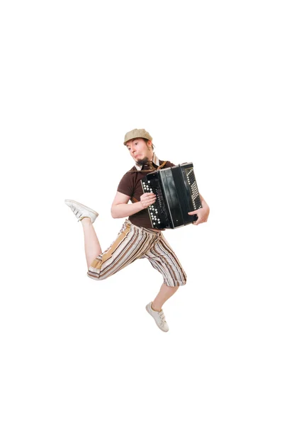 Cool musician jumping high — Stock Photo, Image