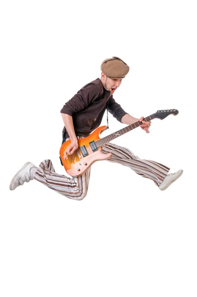 Крутой гитарист на белом — стоковое фото