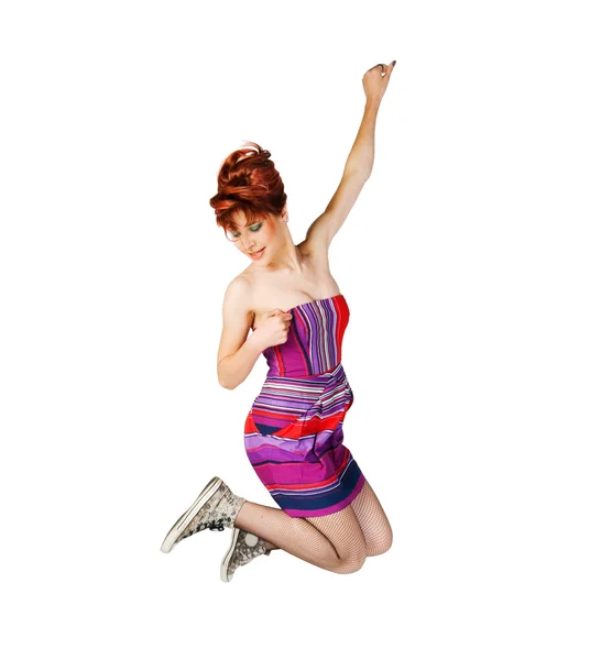 화이트에 높은 점프 흥분된 여자 — 스톡 사진