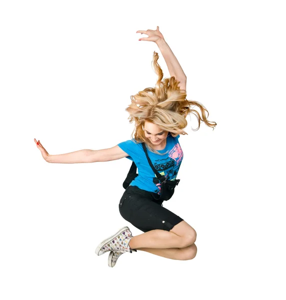 Excited girl jumping high on white — Stock Photo, Image