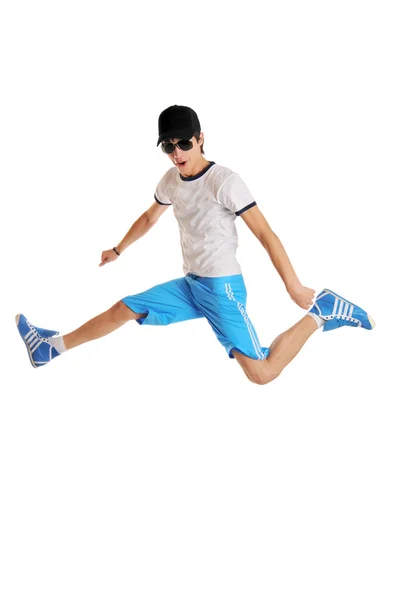 Cooler junger Mann springt auf Weiß — Stockfoto