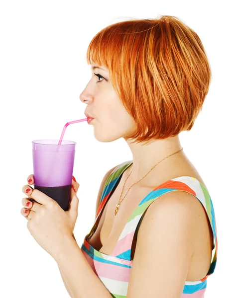 Beautiful red girl with glass of soda — Stock Photo, Image