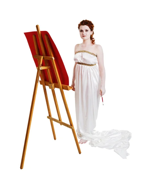Girl dressed in greek costume painting on white — Stock Photo, Image