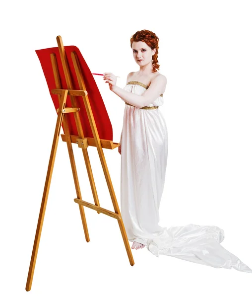 Girl dressed in greek costume painting on white — Stock Photo, Image