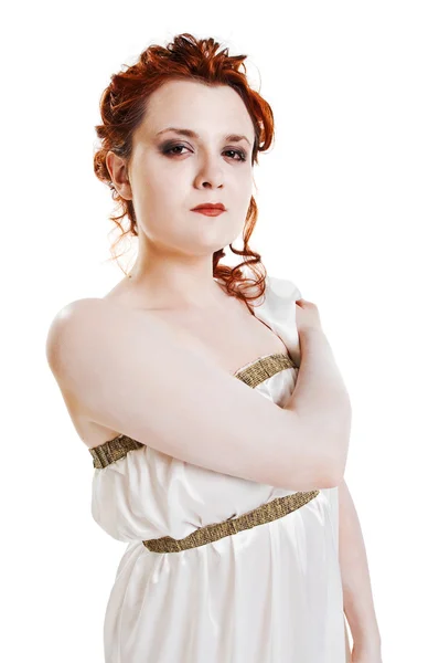 Dívka oblečená v řeckém kroji na bílém — Stock fotografie