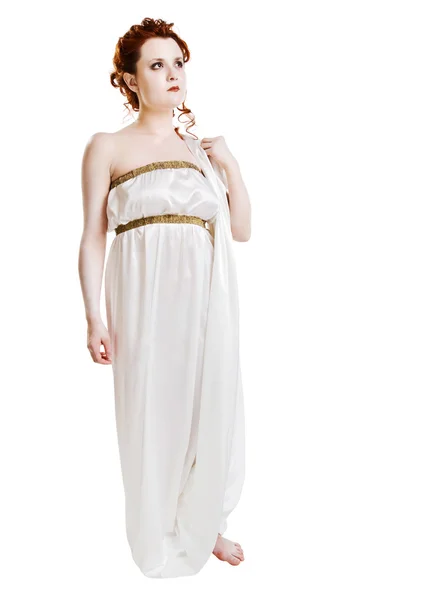 Flicka klädd i grekiska kostym på vit — Stockfoto