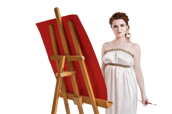 Menina vestida de grego traje pintura em branco — Fotografia de Stock