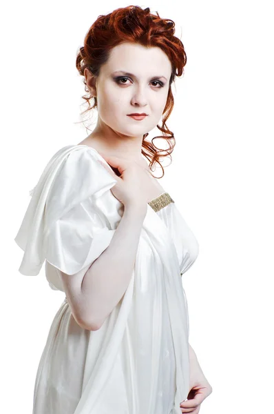 Flicka klädd i grekiska kostym på vit — Stockfoto