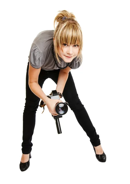 Junger Fotograf auf weißem Hintergrund — Stockfoto