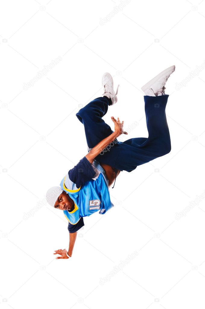 Hip-hop young man making cool move on white back