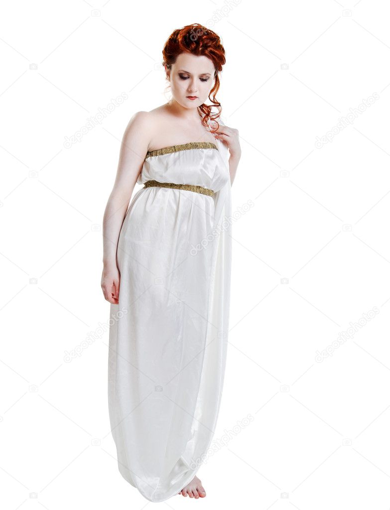 Girl dressed in greek costume on white