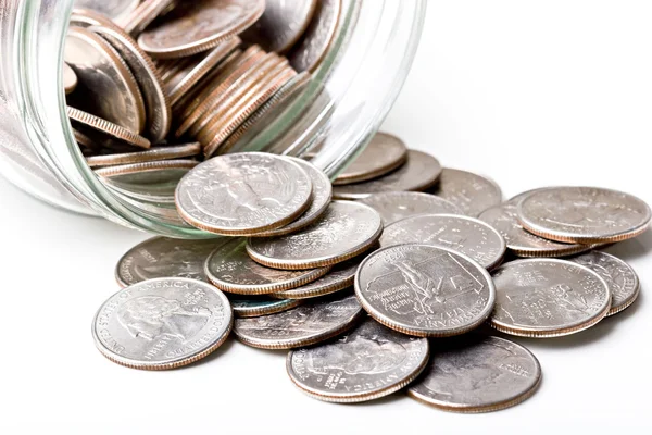 Quarters 25 cents change coins in a jar — Stock Photo, Image