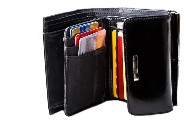 Svart läder plånbok med kreditkort Stockfoto