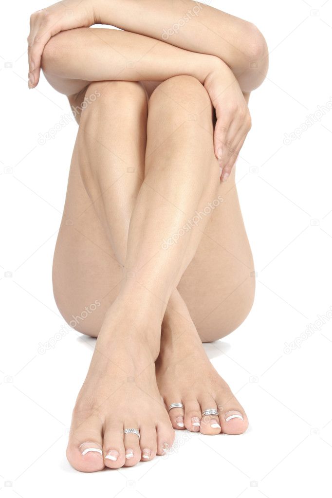 Womans legs over white
