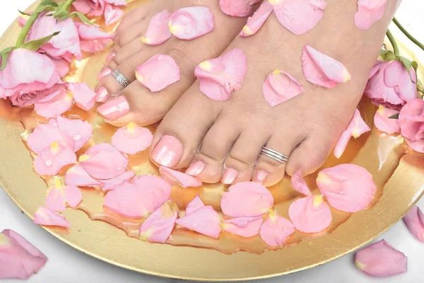 Beautiful woman feet with flowers petals — Stock Photo, Image