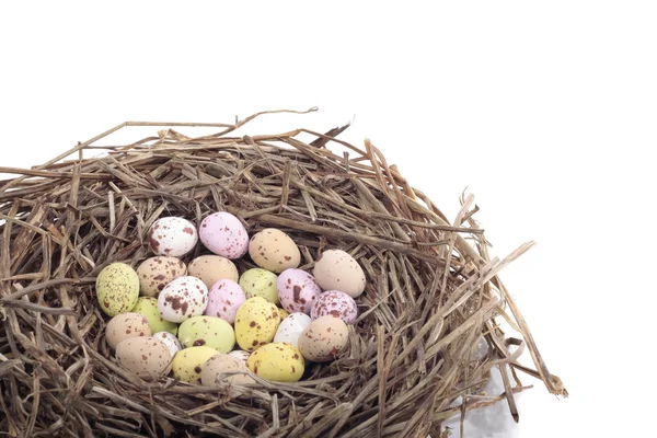 Huevos de chocolate en nido de aves sobre blanco — Foto de Stock