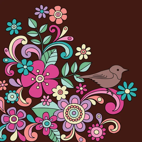 Pássaro e flores Caderno Doodle Vector Ilustração —  Vetores de Stock