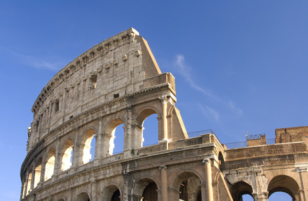 Closeup view of exterior of the Colosseum in Rome, Itlay.