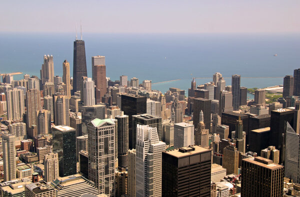 Aerial view of Chicago, Illinois buildings.