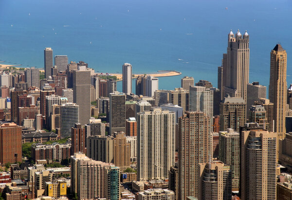 Aerial view of Chicago, Illinois buildings.
