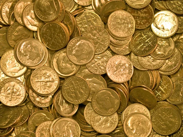 Pile of United States Coins Goldtone Dimes — Stock Photo, Image